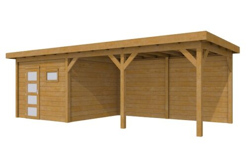 Woodvision Douglas Tuinhuis Topvision Raaf Groen geïmpregneerd 303x303 cm + luifel 500 cm