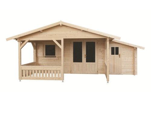 Blokhut 440x440 + luifel 300 cm + aanbouw 150 cm - geïmpregneerd