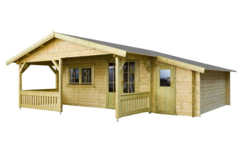 Blokhut 540x540 cm + luifel 200 cm + aanbouw 150 cm