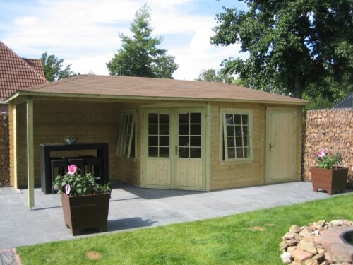 Blokhut 4355Z 300x300 cm + luifel 275cm + berging 134cm - gecoat