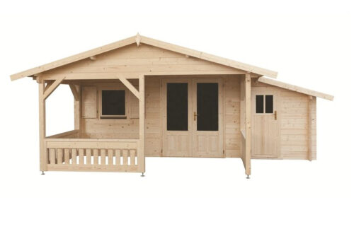 Blokhut 440x440 + luifel 300 cm + aanbouw 150 cm