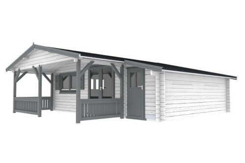 Blokhut 540x540 cm + luifel 200 cm + zijaanbouw 150 cm - gecoat