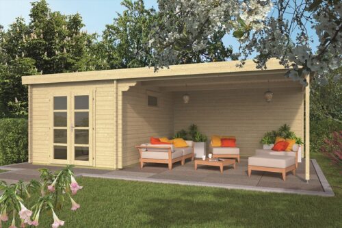 Blokhut Gunnar 300x400 cm + zijluifel 450 cm - dubbel glas