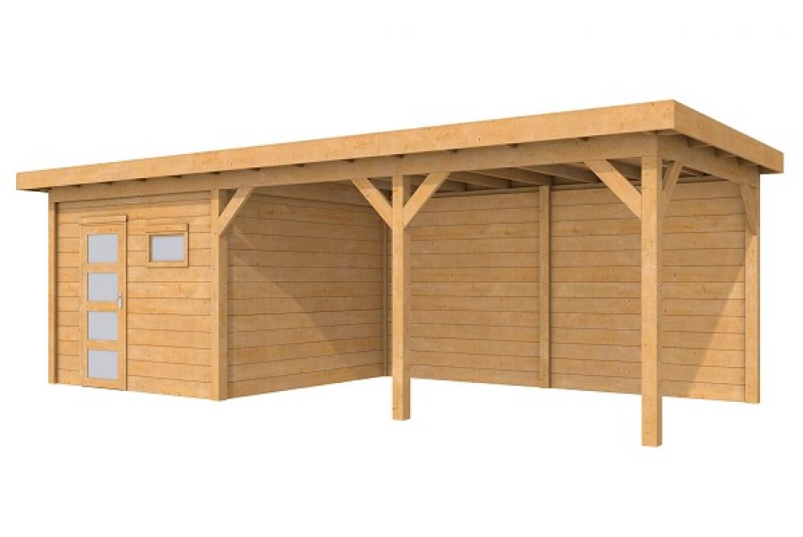 Woodvision Douglas Tuinhuis Topvision Raaf Blank 303x303 cm + luifel 500 cm