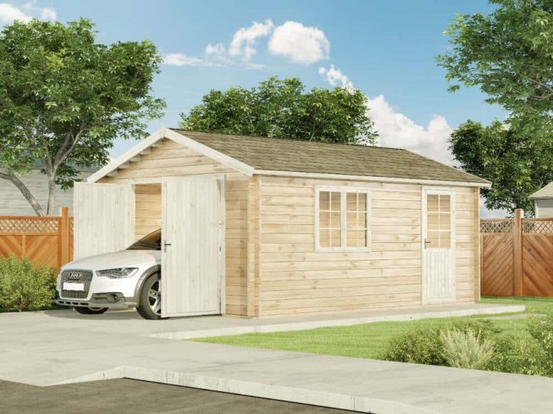 Houten garage model a-44 iso met 2-vleugelige houten garagedeur