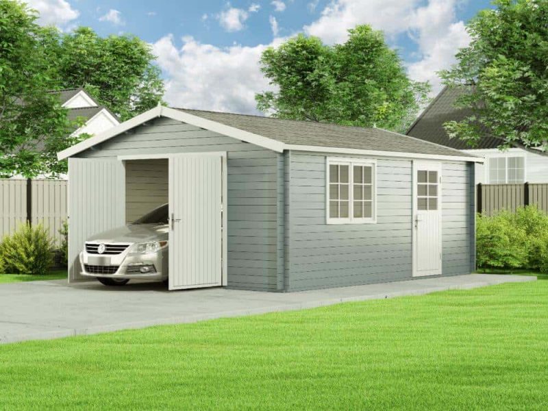 Houten garage model b-44 iso met 2-vleugelige houten garagedeur