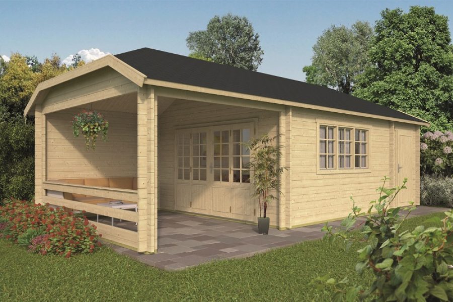 Blokhut Sibella 420x420 cm + luifel 280 cm + aanbouw 150 cm