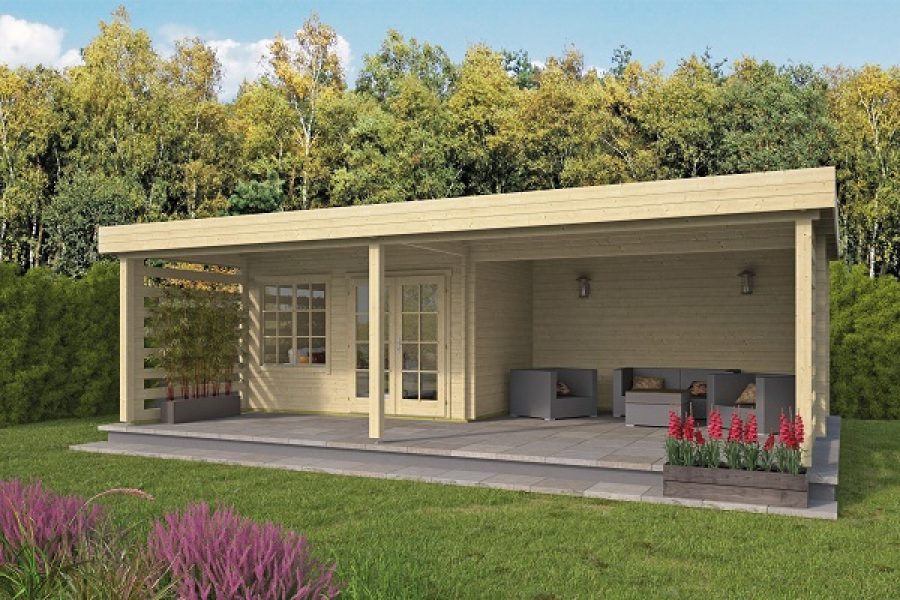 Blokhut Lilou 820x490 cm met inpandige luifel - geïmpregneerd