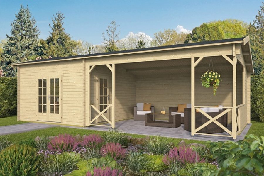 Blokhut Mokka 400x400 cm + luifel 500 cm - geïmpregneerd