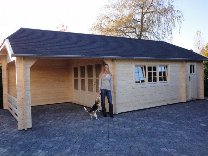Blokhut W 440X340 cm + luifel 300 cm + aanbouw 150 cm - gecoat