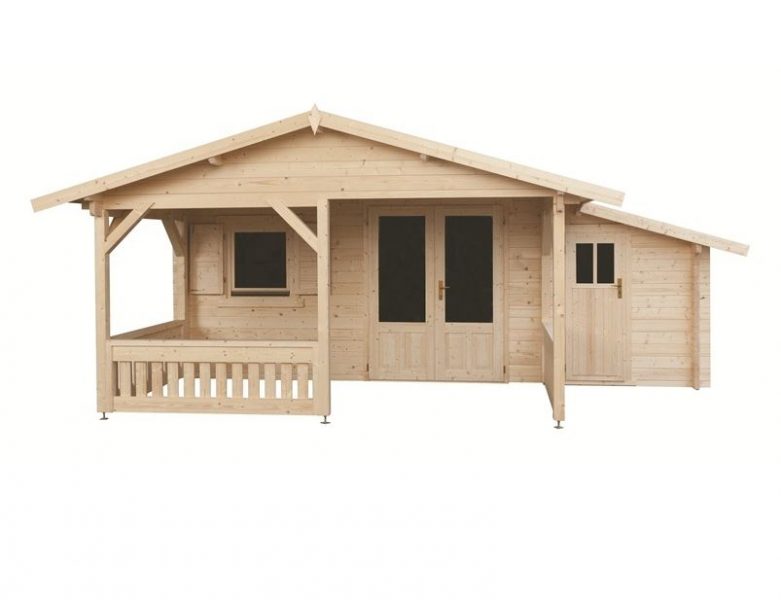 Blokhut 440x440 + luifel 300 cm + aanbouw 150 cm - geïmpregneerd