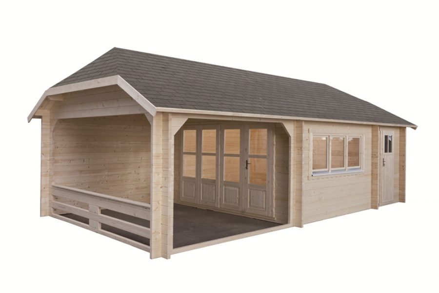 Blokhut W 440X340 cm + luifel 300 cm + aanbouw 150 cm